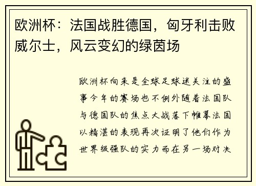 欧洲杯：法国战胜德国，匈牙利击败威尔士，风云变幻的绿茵场